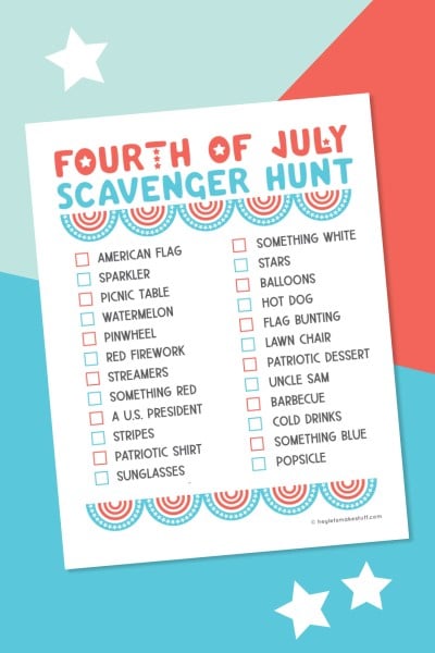 Printable list of a Fourth of July Scavenger Hunt that has checkboxes to check once the item has been found
