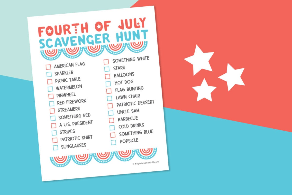 Printed 4th of July Scavenger Hunt on a patriotic background.