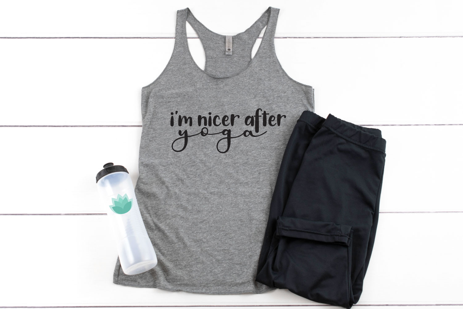 yoga svg on tank top with water bottle