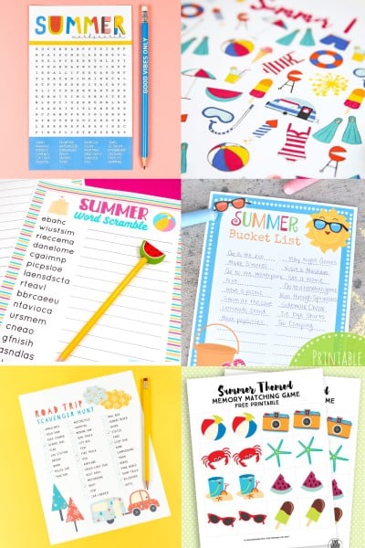 Image of printable summer games for kids, such as Summer Word Scramble, Summer Bucket List, Road Trip Scavenger Hunt, Summer Word Search and a Summer Themed Memory Game
