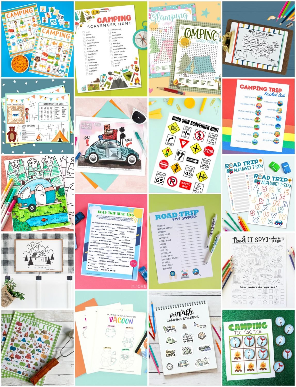 Collage of more than 15 free camping printables!