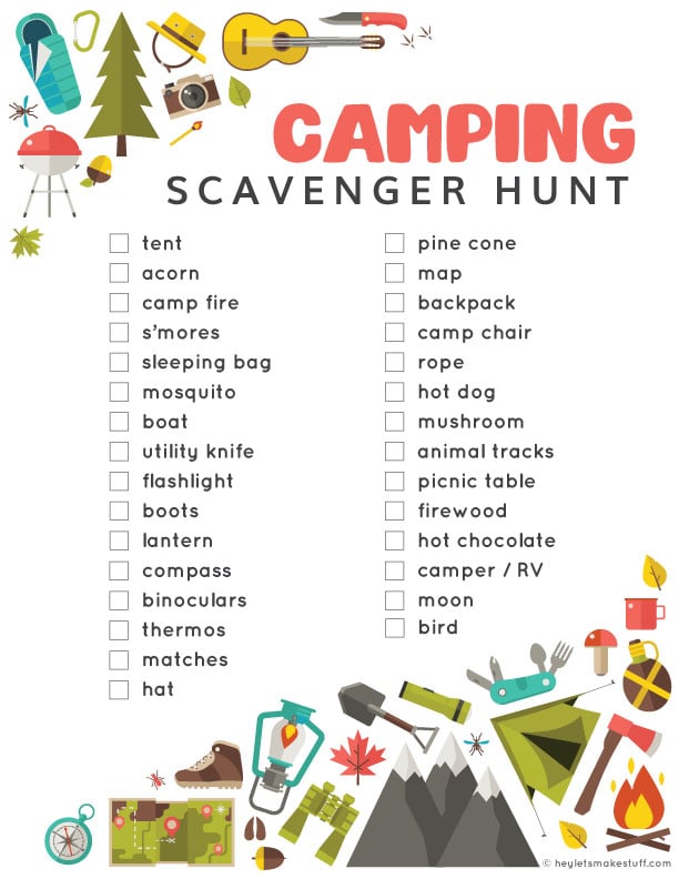 Printable Camping Scavenger list with checkboxes to check once item is found.