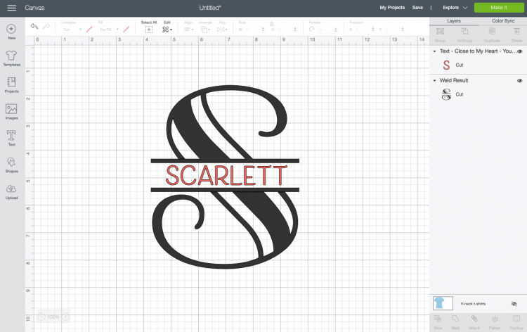 Image of Step 7 used in creating a split monogram in Cricut Design Space - adding the personalized name.  The monogram is the letter 'S'.
