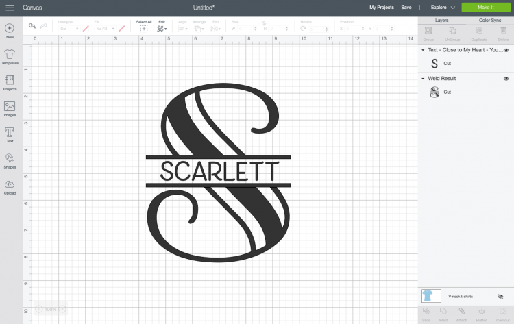 Image of Step 6 used in creating a split monogram in Cricut Design Space - adding the personalized name.  The monogram is the letter 'S'.
