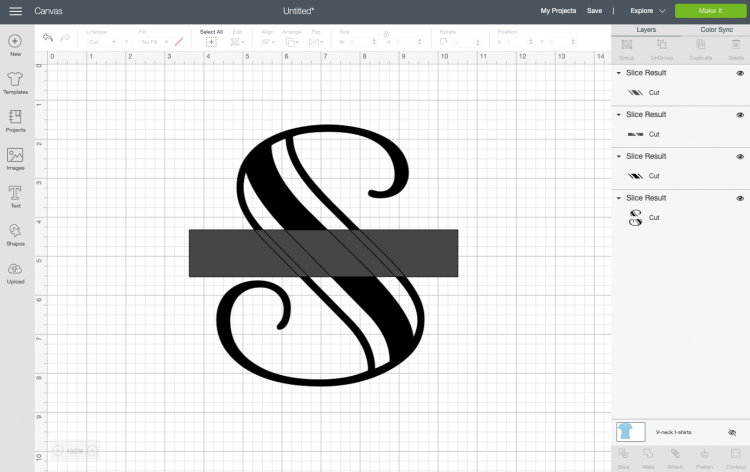 Image of Step 1 used in creating a split monogram in Cricut Design Space.  The monogram is the letter 'S'.