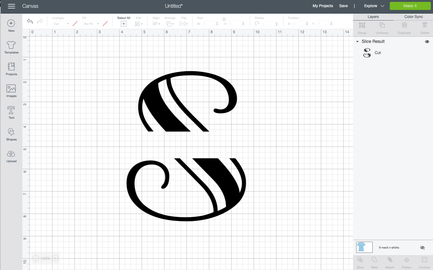 Image of Step 2 used in creating a split monogram in Cricut Design Space.  The monogram is the letter \'S\'.