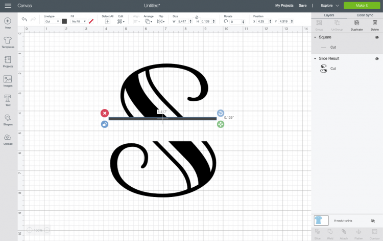 Image of Step 3 used in creating a split monogram in Cricut Design Space.  The monogram is the letter 'S'.