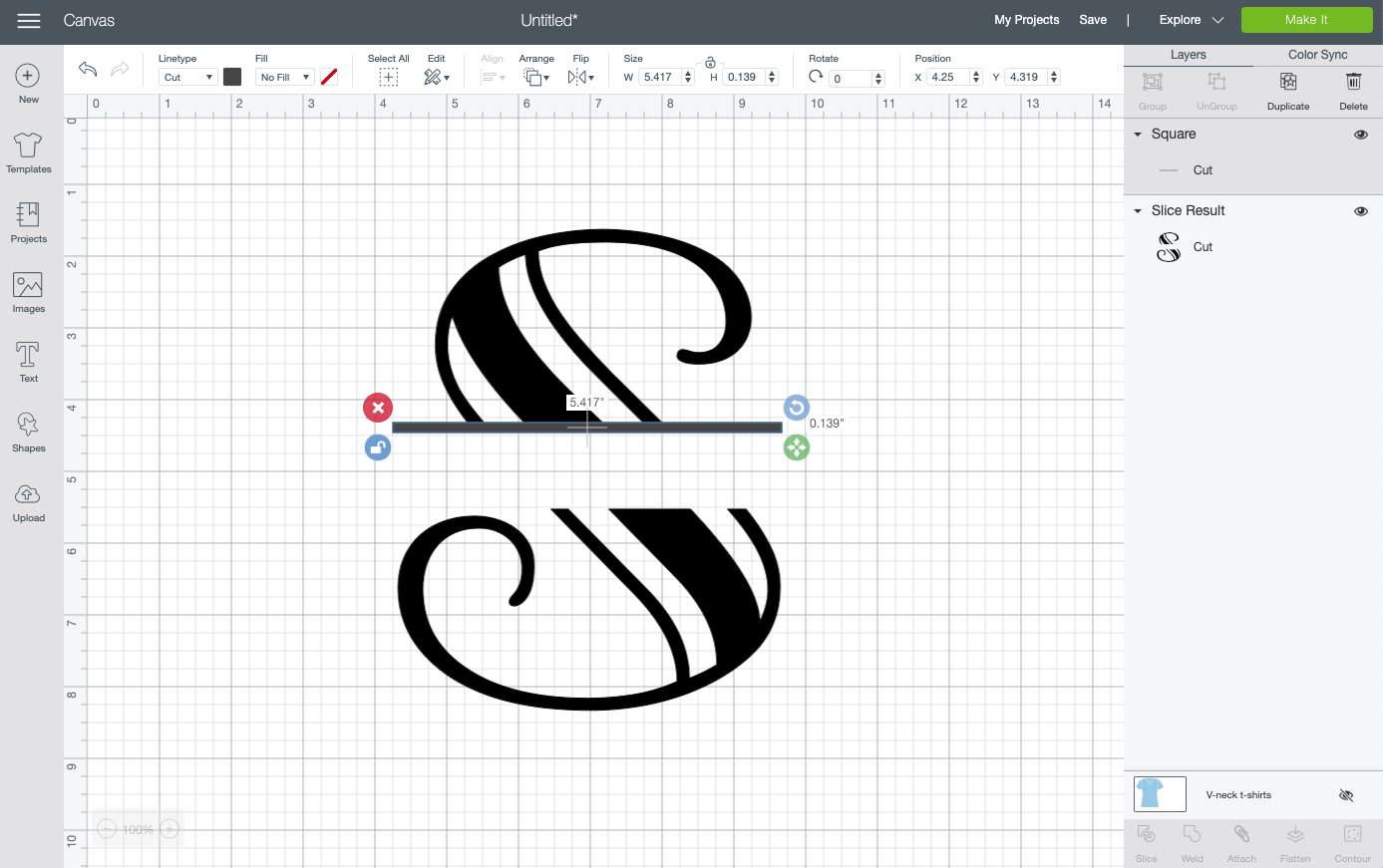 Image of Step 3 used in creating a split monogram in Cricut Design Space.  The monogram is the letter \'S\'.
