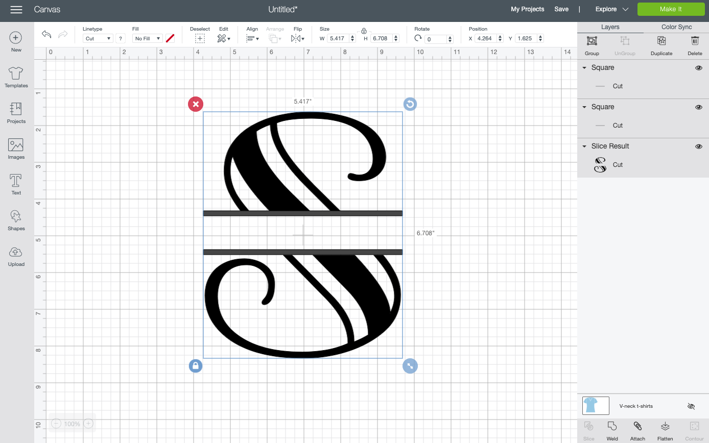 Image of Step 4 used in creating a split monogram in Cricut Design Space.  The monogram is the letter \'S\'.
