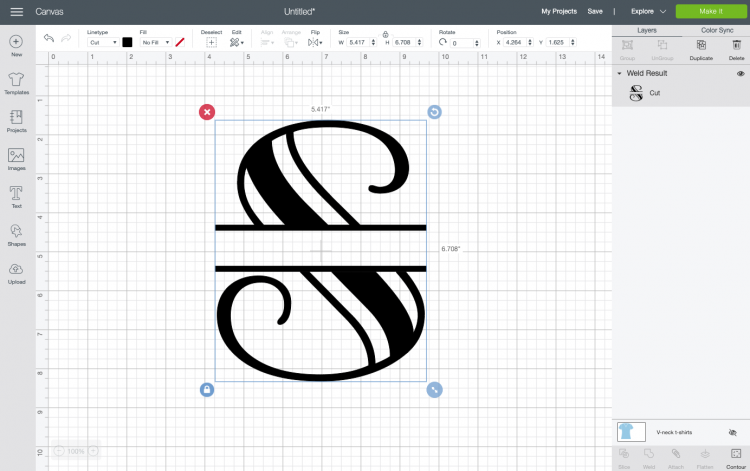 Image of Step 5 used in creating a split monogram in Cricut Design Space.  The monogram is the letter 'S'.