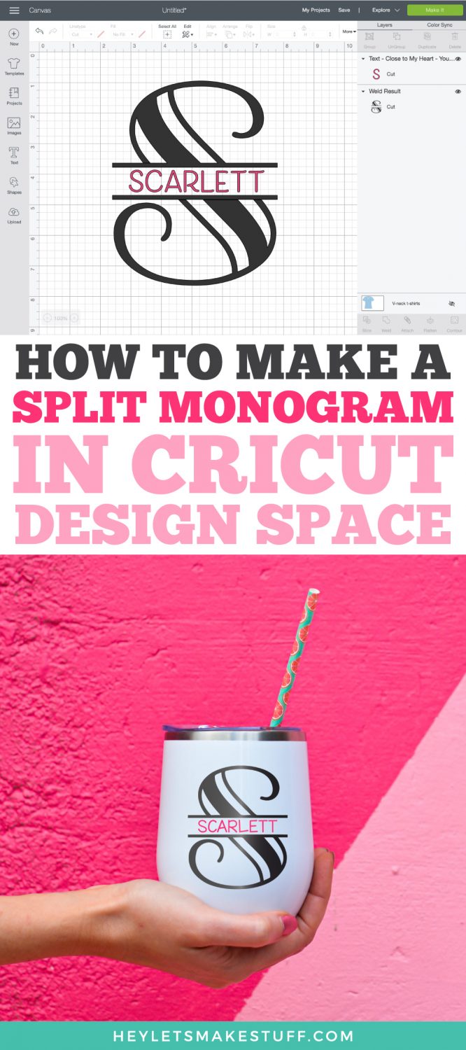 How to make a split monogram in Cricut Design Space pin image.