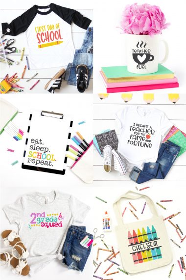 Images of SVG designs pictured on t-shirts, coffee mug and a clip board featuring a school theme.