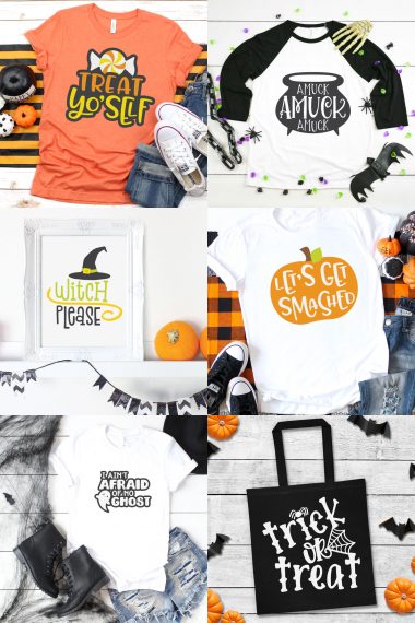 Image of six Halloween SVG designs pictured on t-shirts, a framed picture and a canvas bag.  Quotes are:  Treat yo'self, A Muck-a-muck-a-muck, Let's Get Smashed, Witch Please, I aint' afraid of no ghost and Trick or Treat
