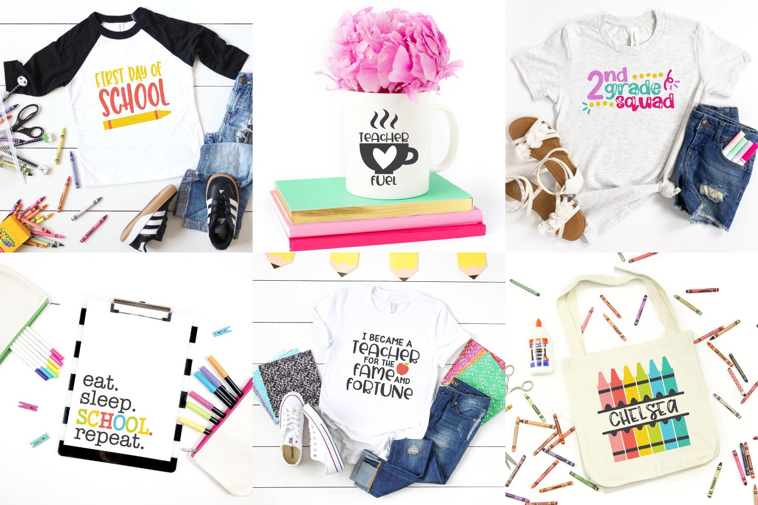 Images featuring shirts, coffee mug, canvas bag and clip board all with back-to-school themed sayings such as First Day of School, Teacher Fuel, Second Grade Squad, Eat.School.Sleep,Repeat, I Became a Teacher for the Fame and Fortune.