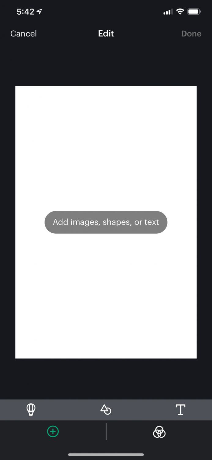 Blank Canvas: add images, shapes, or text using the buttons at the bottom of the screen.