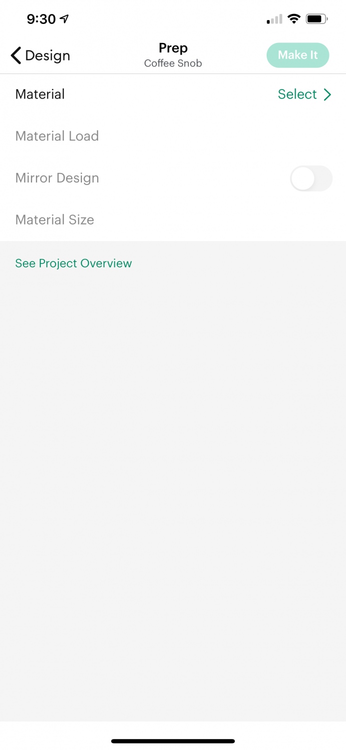 Prep screen in app asking to select material.