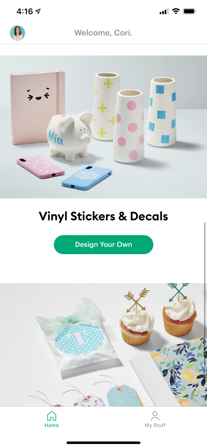 Cricut Joy app home screen with project options.