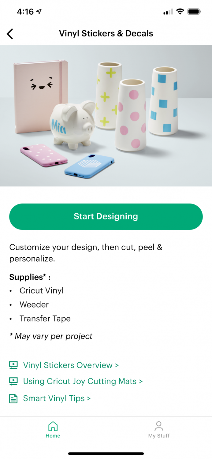 Vinyl Stickers & Decals "start" screen with links to tutorials.