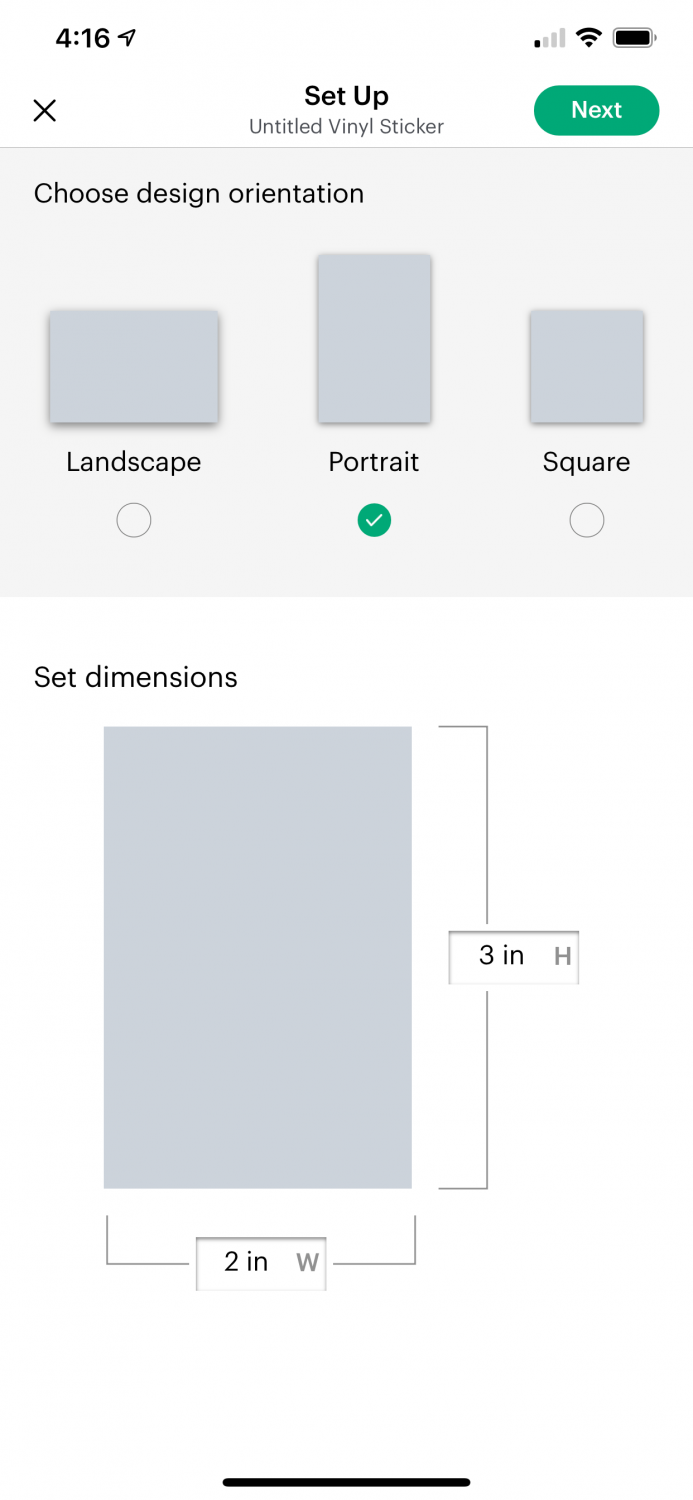 Project set up screen: choose orientation and size.