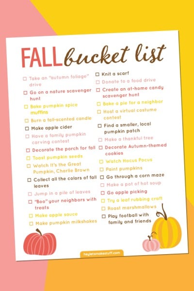 Fall Bucket List on pink, yellow, and orange background
