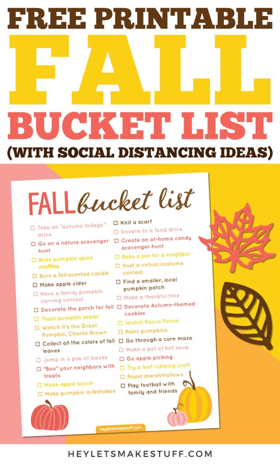 Free printable fall bucket list (with social distancing ideas) pin image