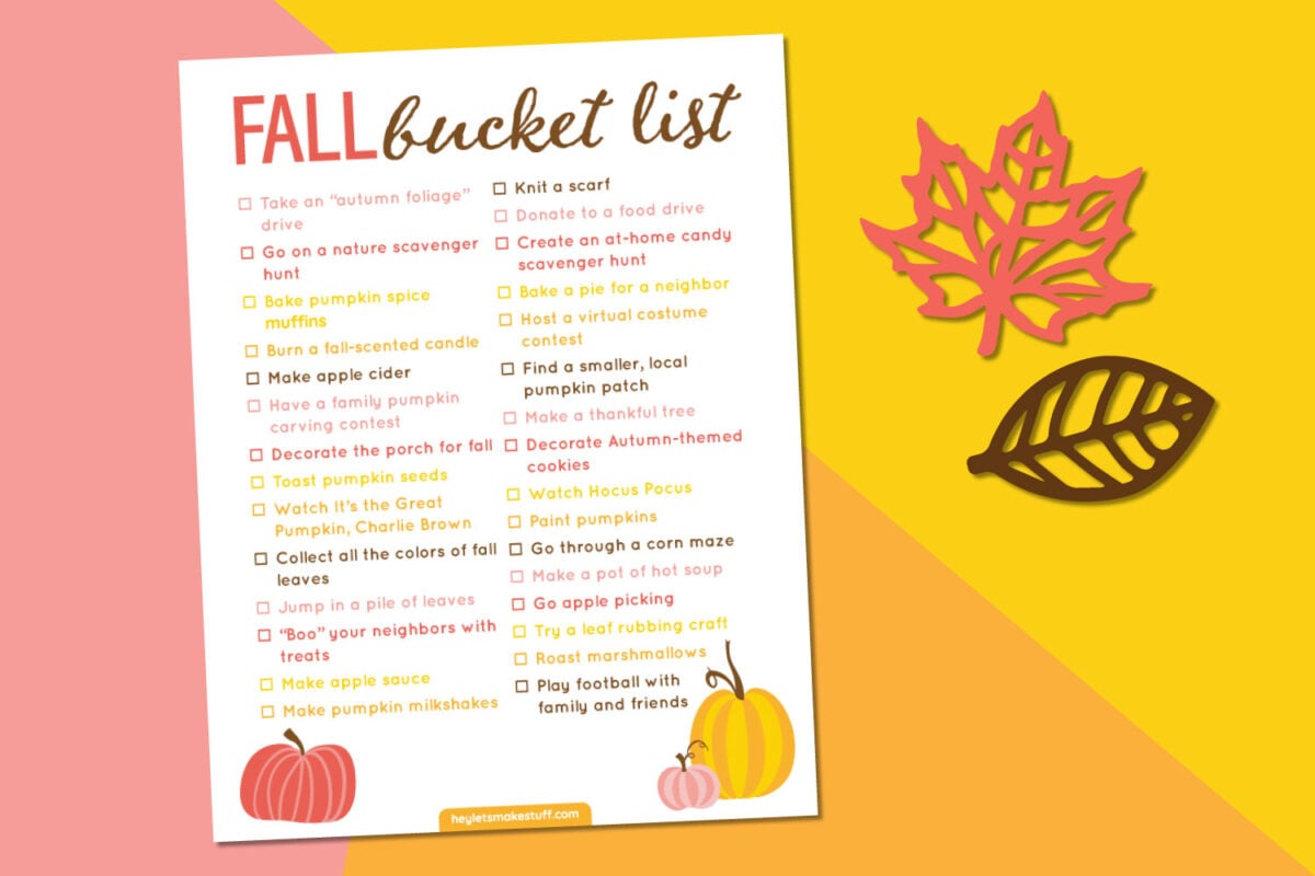 Fall bucket list printable on pink, orange, and yellow background