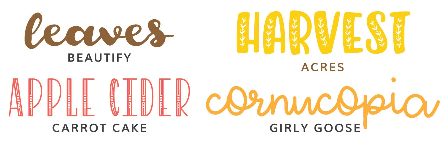 Image of first four fall fonts: Beautify, acres, carrot cake, and girly goose.