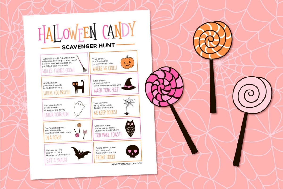 Halloween Candy Scavenger Hunt on Pink Background