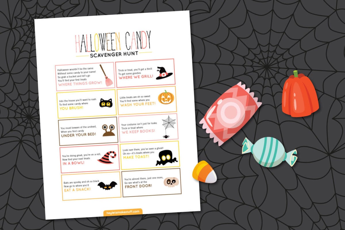 Halloween Candy Scavenger Hunt on a spider web background with candy