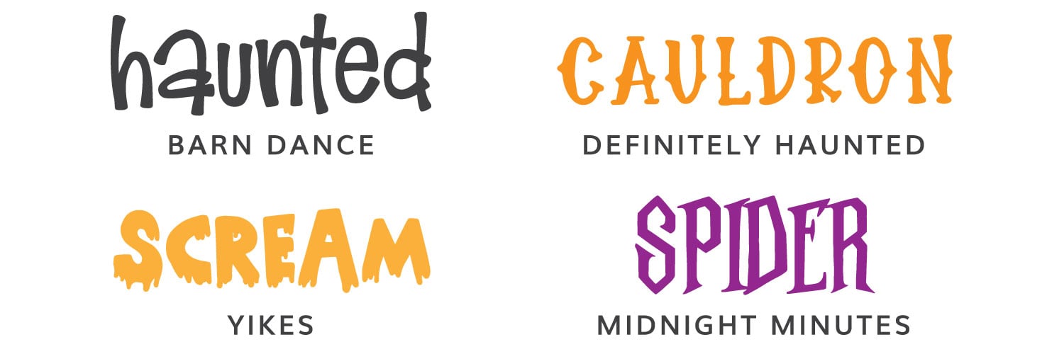 Second four Halloween fonts: Barn Dance, Definitely Haunted, Yikes, Midnight Minutes