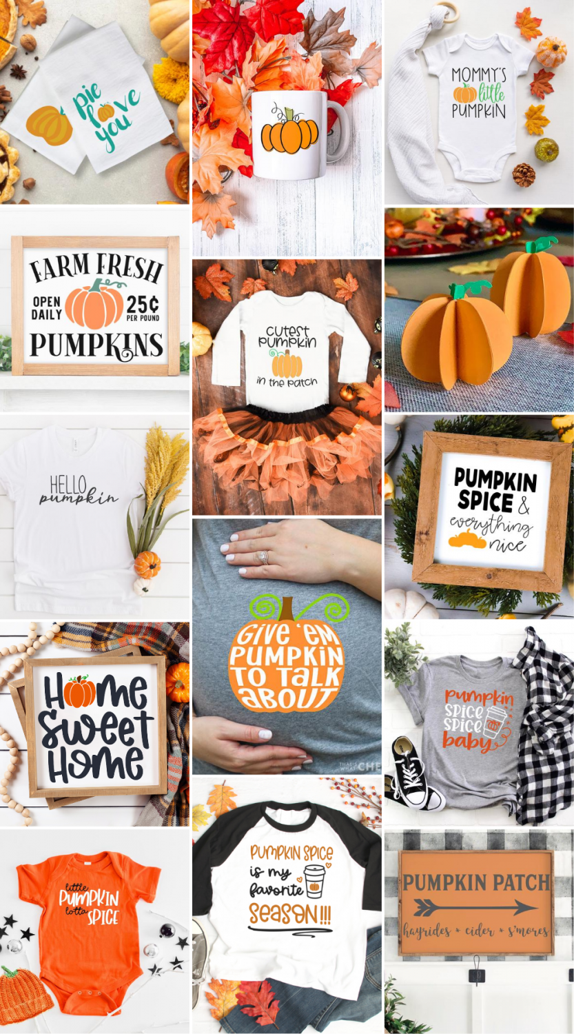 14 SVG files for Fall pictured on signs, infant shirts and onesies, adult t-shirts and coffee mug