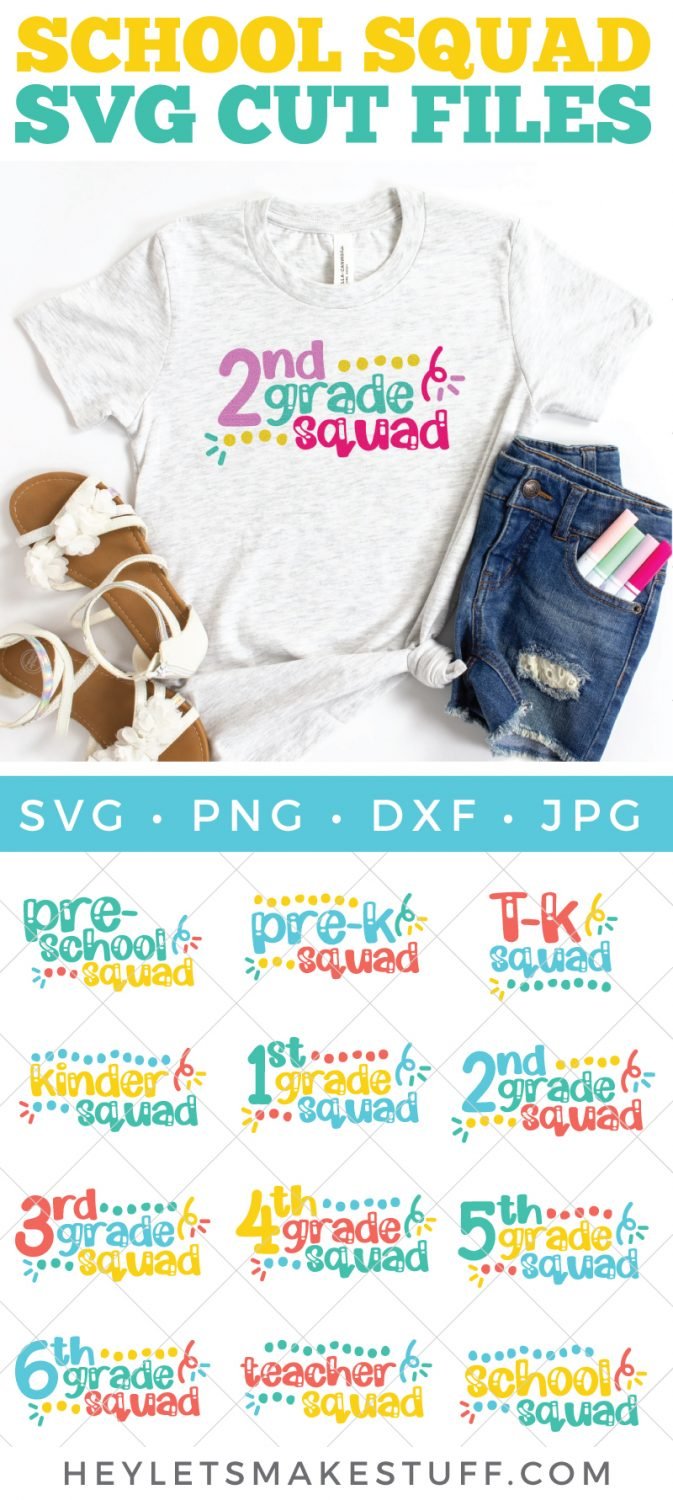 T-shit with the saying \"Second Grade Squad\" next to a pair of blue jeans with makers in the pocket and a pair of white sandals.  Includes images of the school squad SVG files for grades preschool through sixth grade and SVG files for the teachers too.