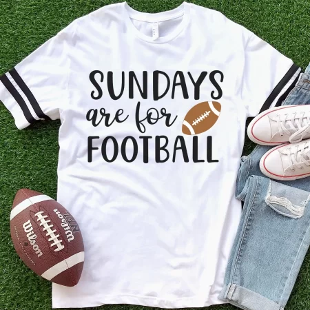 White football style jersey with a football on it and the words Sundays are for Football