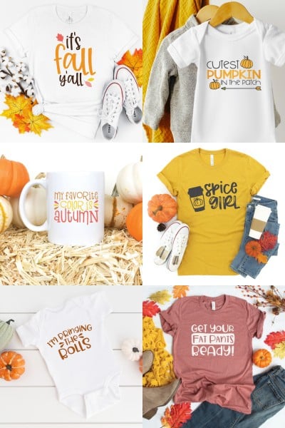 Six Fall cut files.  Spice Girl, My Favorite Color is Autumn, I'm Bringing the Rolls, Get Your Fall Pants Ready, It's Fall Y'all and Cutest Pumpkin in the Patch.