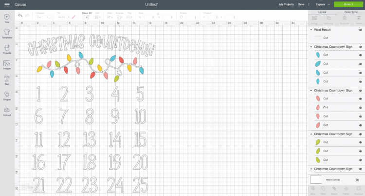 Image of the Christmas Countdown Calendar file uploaded into Design Space
