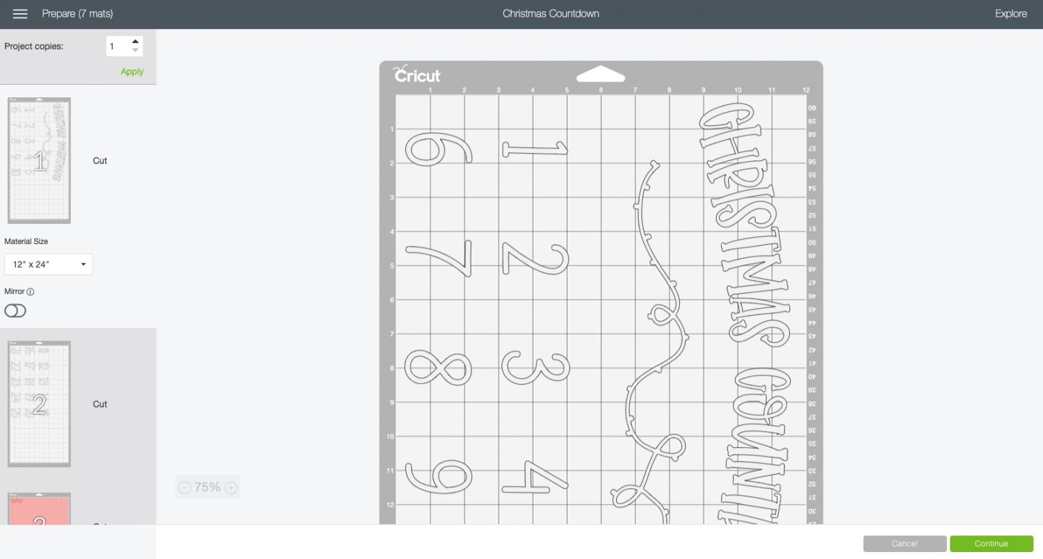 Prepare Screen with all of the layers of the file broken out into different cutting mats.