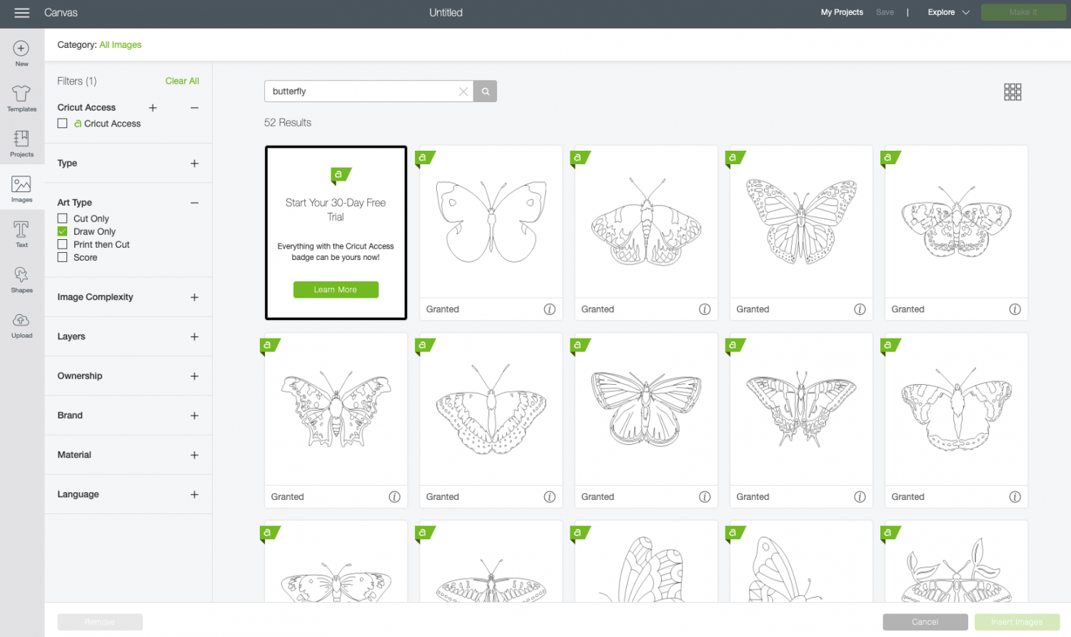 Screenshot of butterfly images that are "Draw"