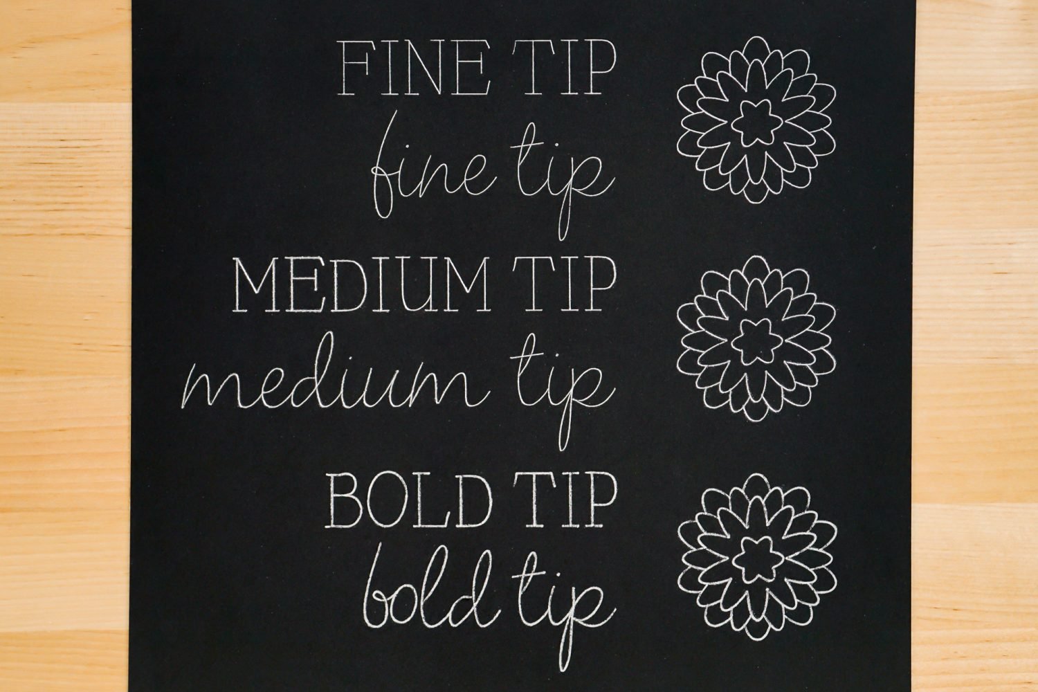 Example showing results from using three tips: fine tip, medium tip, and bold tip. Silver foil writing on black paper.