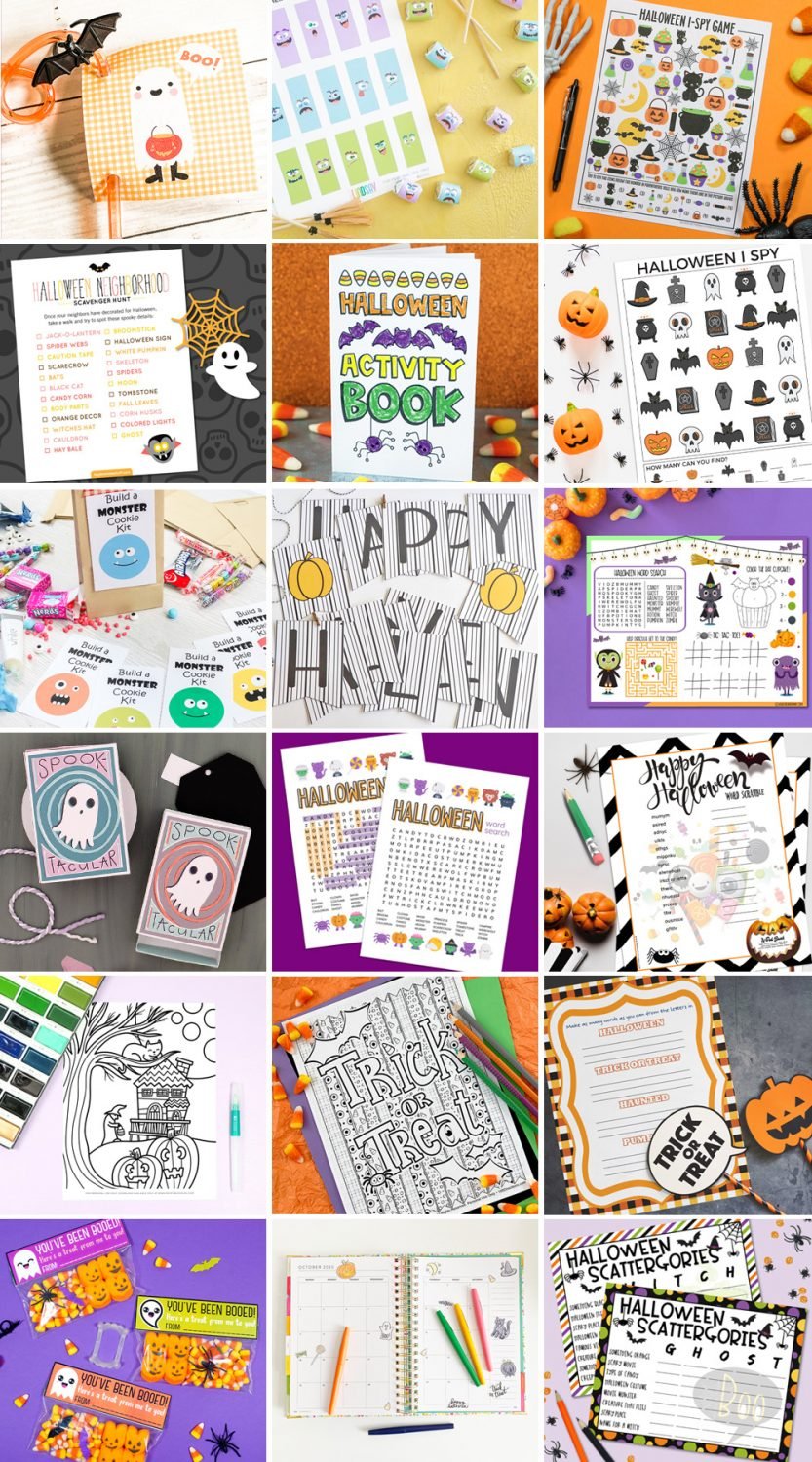 Collage of 18 Halloween printable activities from printable ghost tags, candy wrappers, banner, placemat, stickers and other fun games.