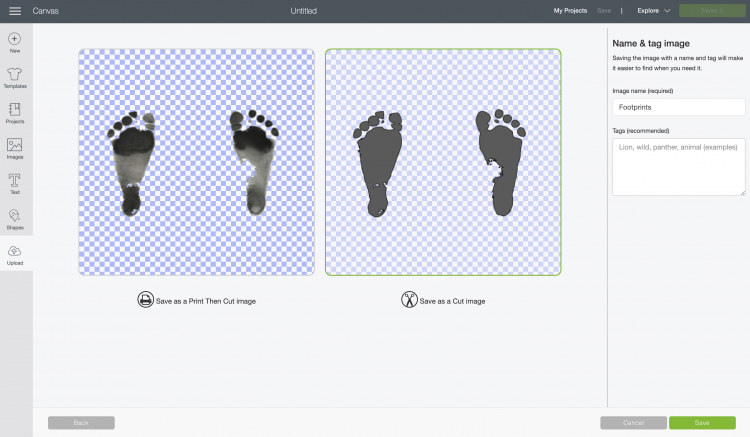 Cricut Design Space screen shot of a newborn footprints