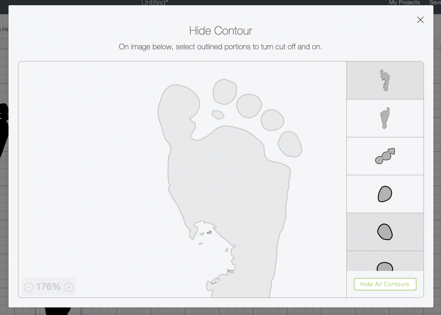 Cricut Design Space: use the contour tool to delete one footprint.