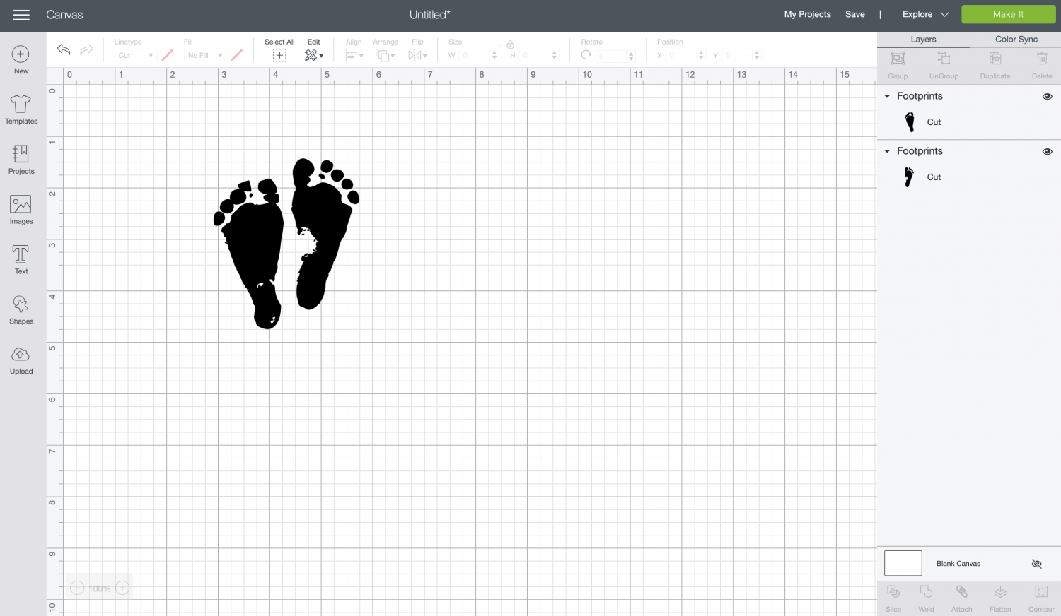 Cricut Design Space: Nest the two footprint images together.