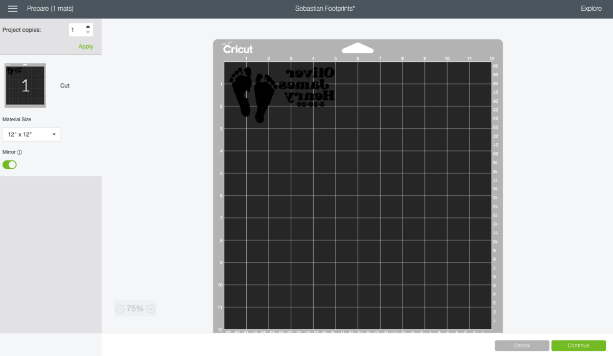 Cricut Design Space: Prepare screen with footprints and name on black mat.