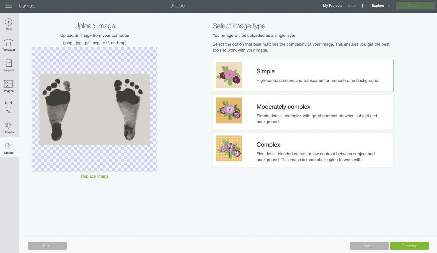 Upload the footprint image to Cricut Design Space.