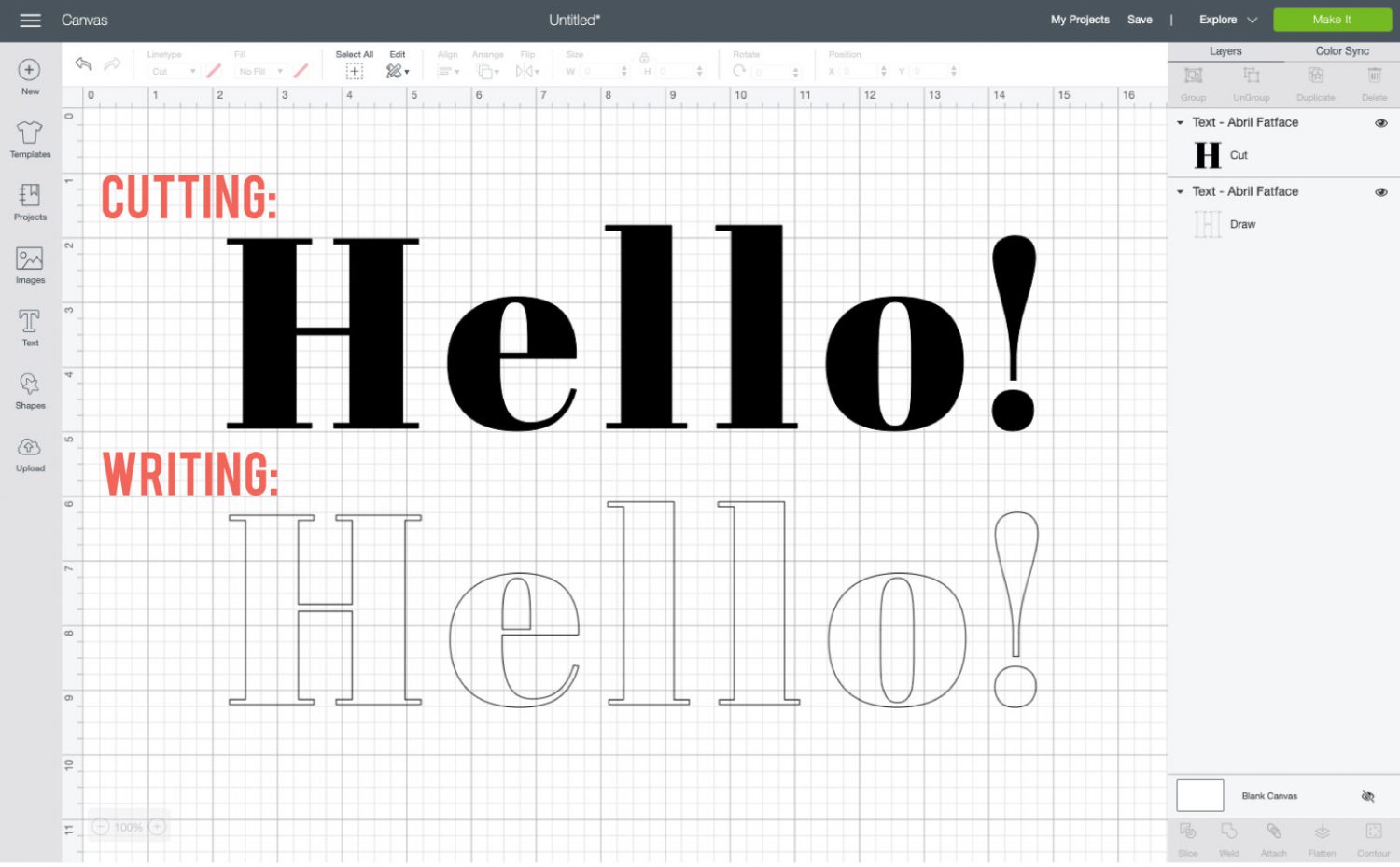 Comparison of Abril Fatface font cutting and writing in Design Space