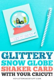 This handmade Christmas card features a snow globe with glitter snow! Learn how to make this snow globe shaker card using your Cricut Explore or Cricut Maker!