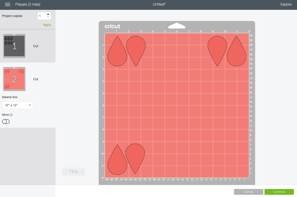 Cricut Design Space: Move the earring pieces to the corners of the mat