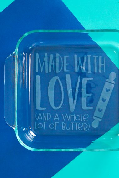 Finished etched dish on blue background