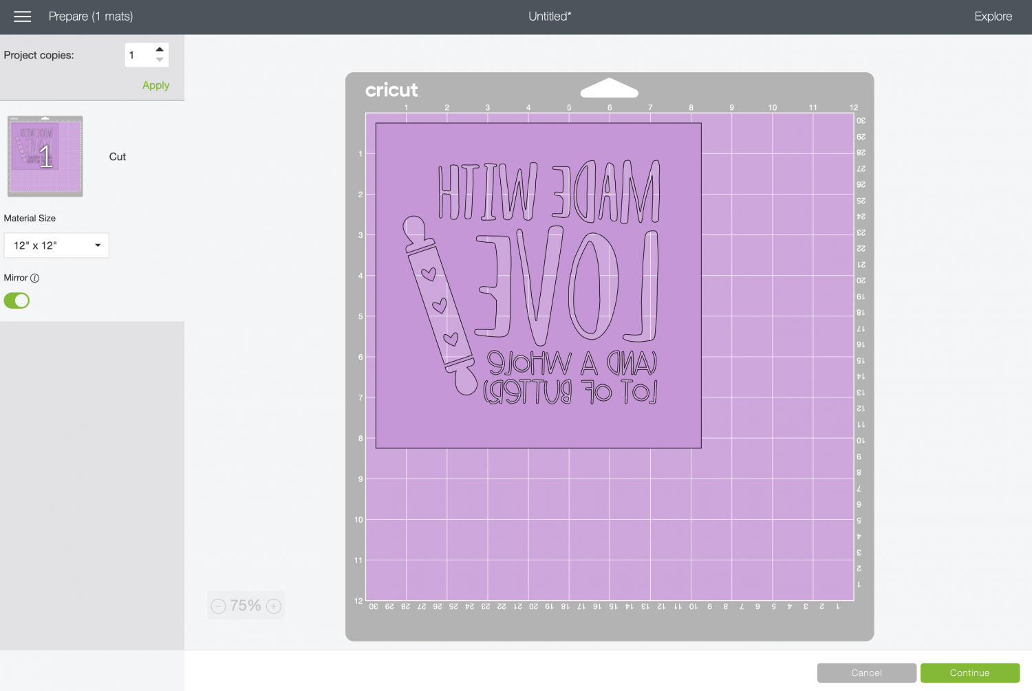 Cricut Design Space: imaged mirrored on mat in Prepare Screen