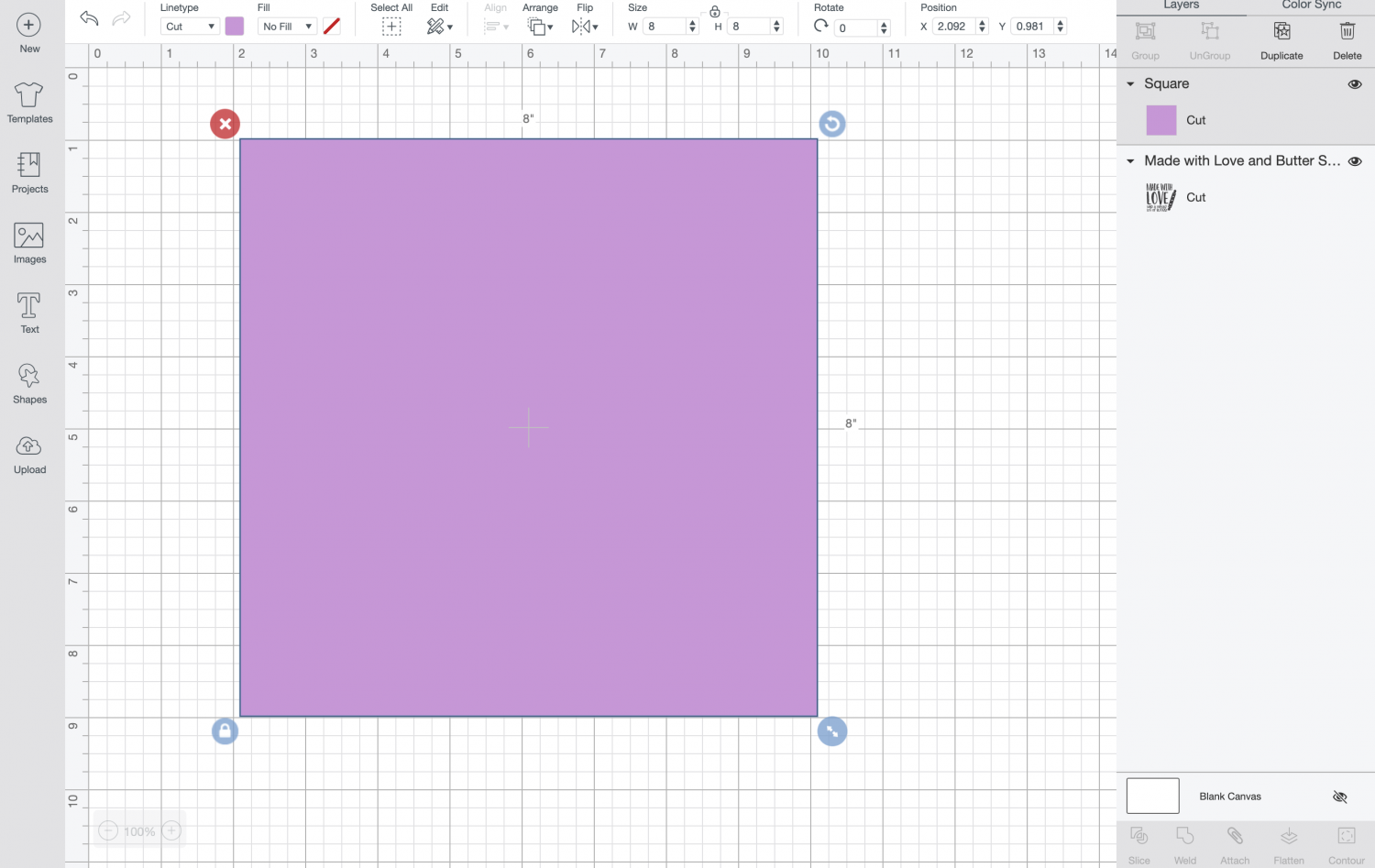 Cricut Design Space: square resized and made purple